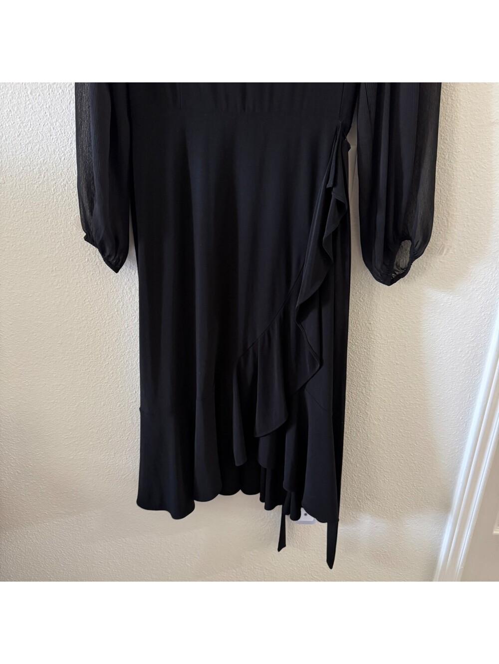 Black Chiffon Bishop Sleeve Asymmetrical Tie Midi Dress Sz 14 Goth Dark Coquette - Picture 7 of 9